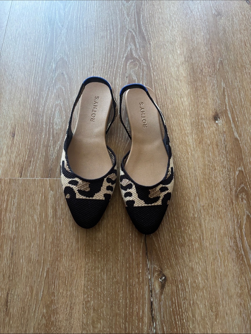 Rothy's Black and Beige Animal Print Slingback Flats